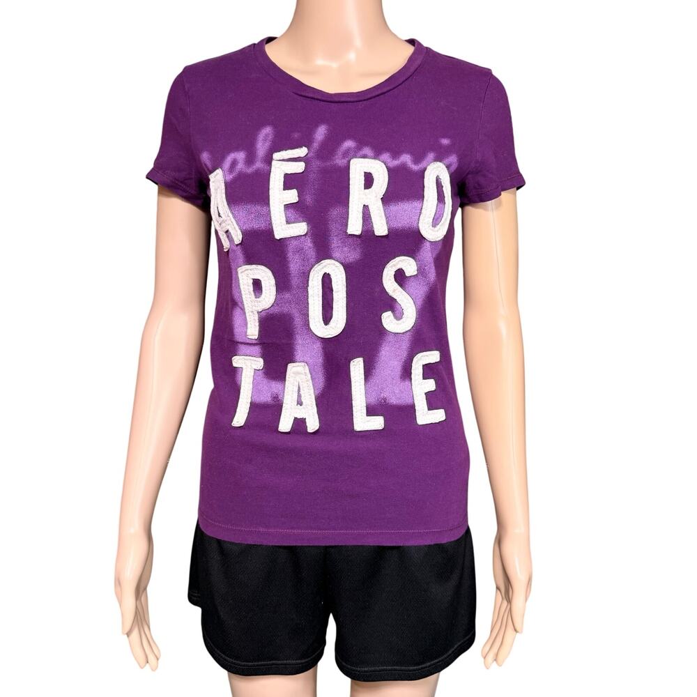 Y2K Aeropostale Womens T Shirt Top Short Sleeve Cotton Purple White Medium